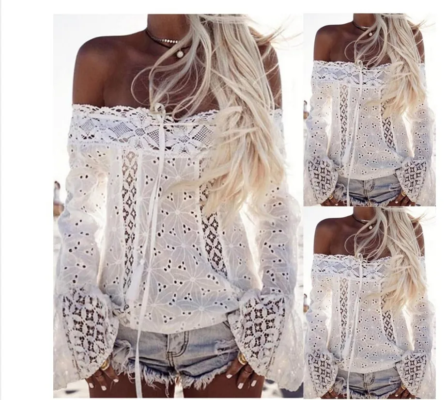 

Uguest Stylish Women t-shirts Lace Flare Sleeve Hollow Out Patchwork Tassel White Lace Shirt Off Shoulder Top Summer T-shirts