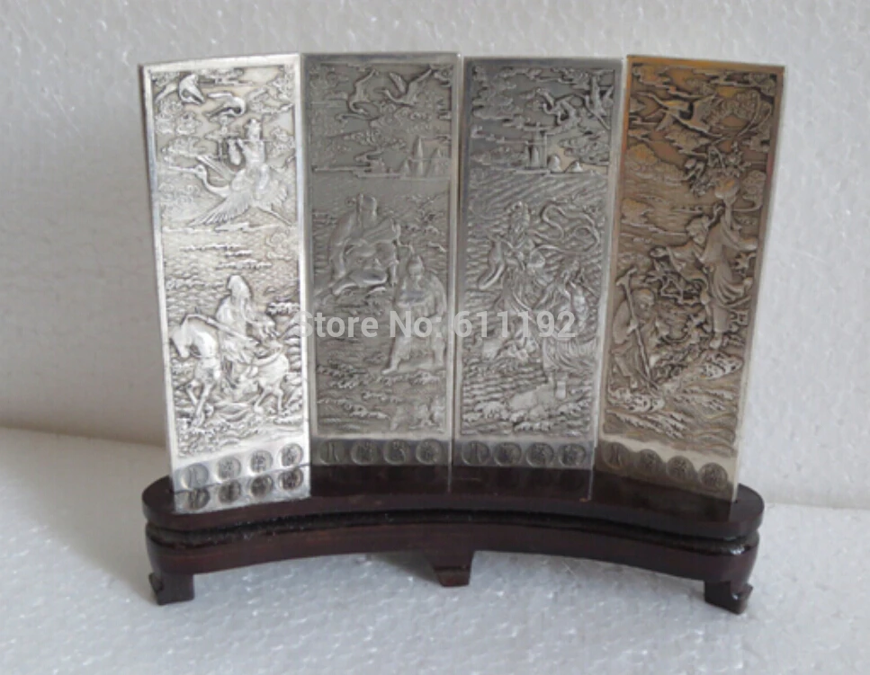 

Metal Crafts Home Decor tibet silver 4 screen with eight immortals/god on the wood statue