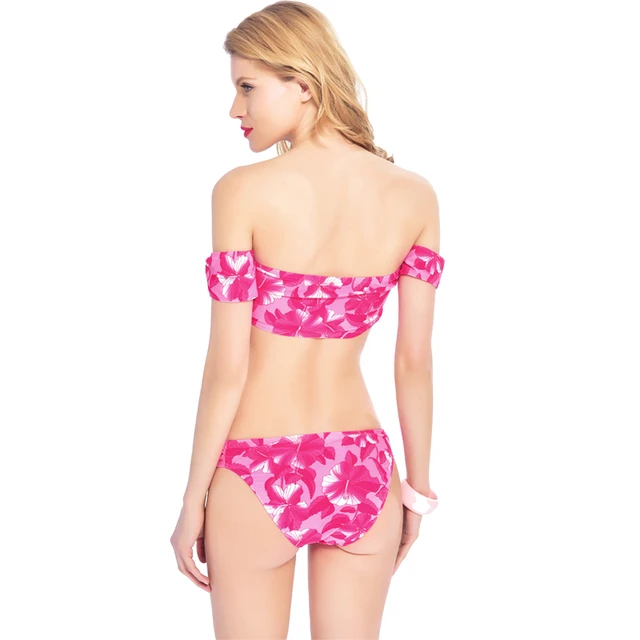Off Shoulder Floral Print Bandeau Bikini Set Strapless Top Pink Women Swimsuit Swimwear Cheeky Low Waist Brazilian Bathing Suit