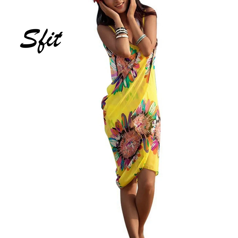 

Sfit Women Cover-Up Bathing Suits Bikini Shawl Sunscreen Chiffon Beach Shawl Big Size Floral Print Spaghetti Beach Tunic 2019
