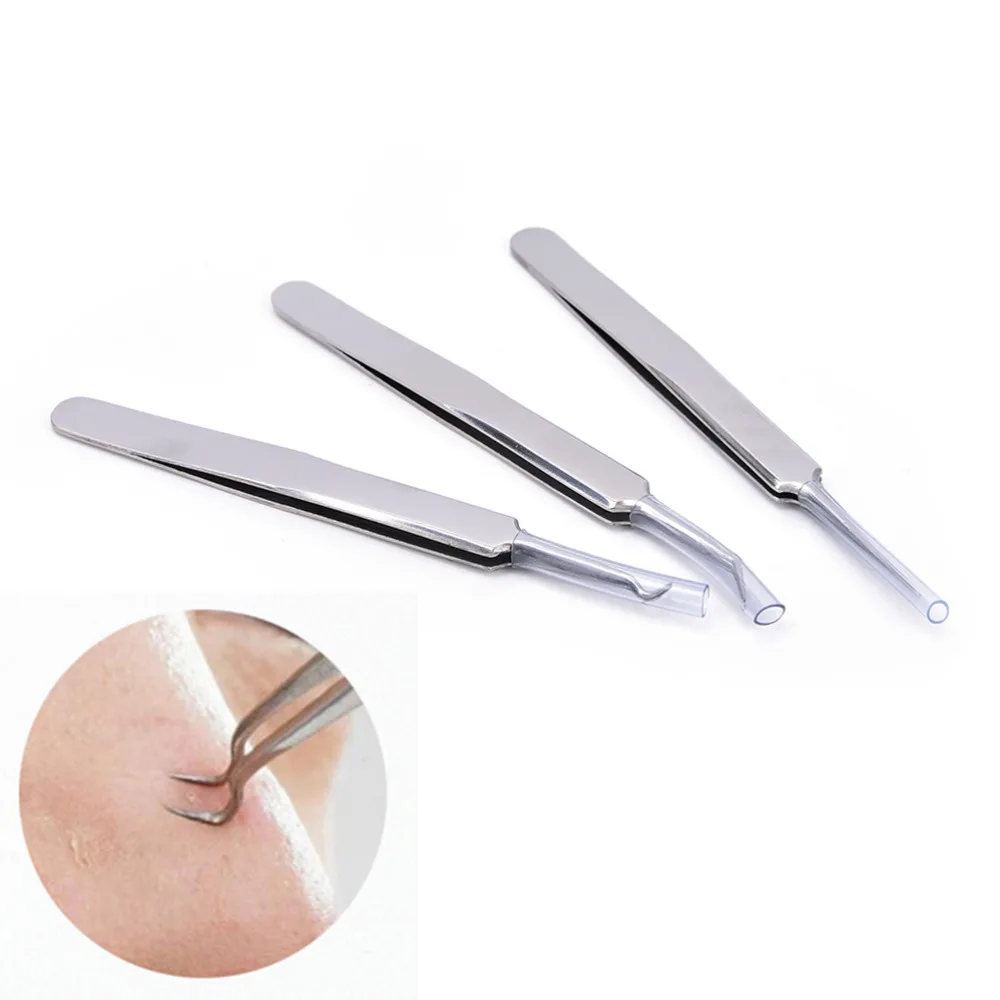 3pcs Stainless Acne Needle Tweezers Blackhead Pimples Removal Pointed Bend Gib Head Face Skin