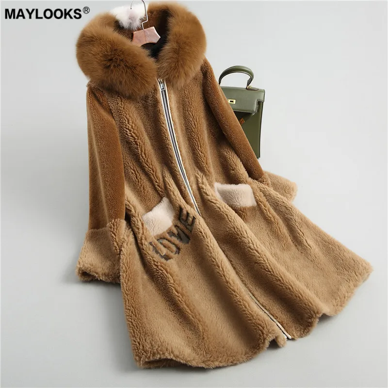 

MAYLOOKS new fox fur hooded wool fur coat has a heart-shaped stitching on the back of a woman's middle and long style 18090