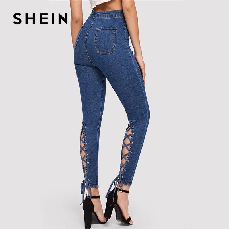 SHEIN, синие, на молнии, на шнуровке, перекрещивающиеся узелки, обтягивающие джинсы, женские, весна-лето, джинсы с высокой талией, эластичные джинсовые женские брюки
