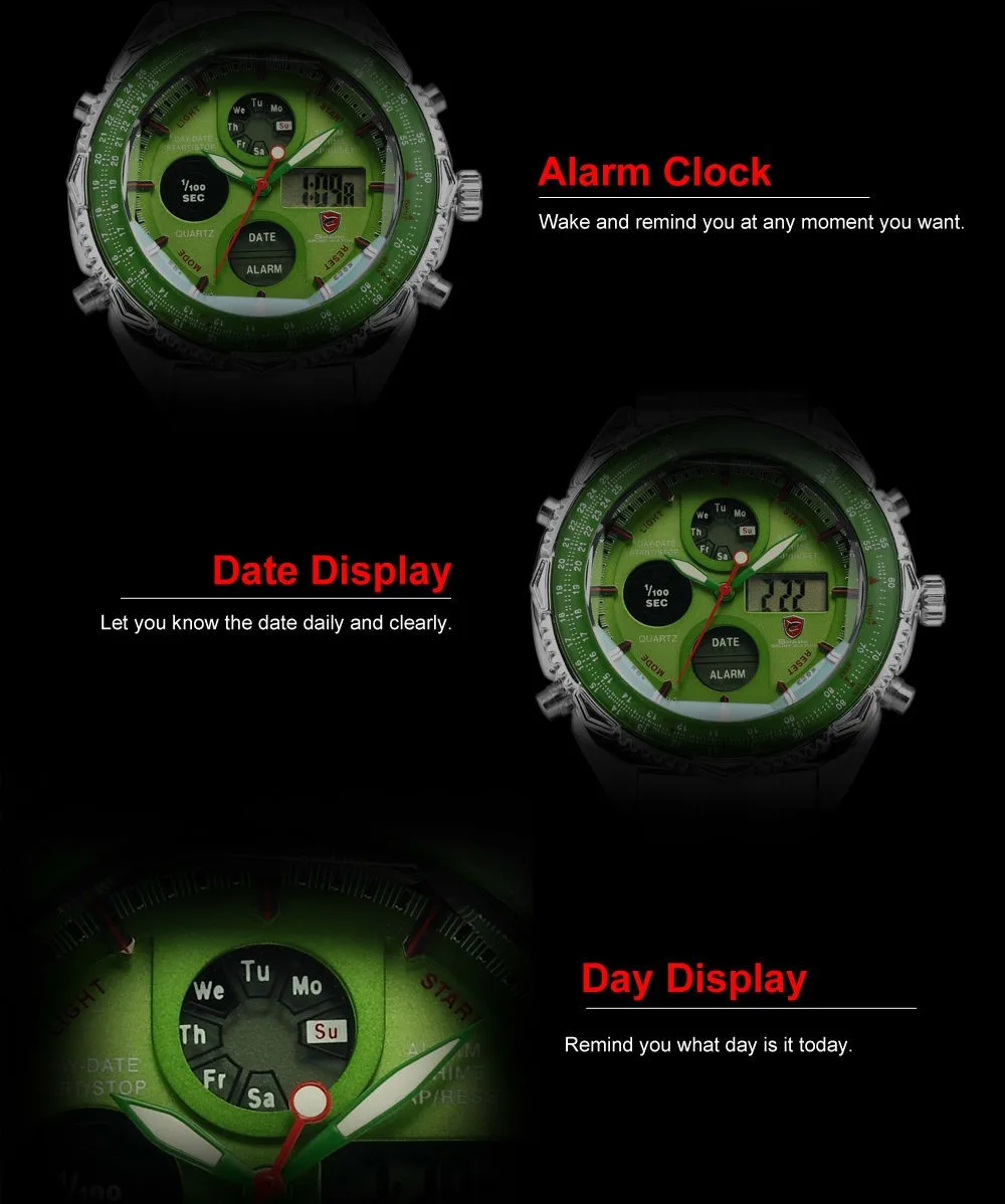 Бренд Акула Аналоговое Дисплей Дня и Даты Полный Зеленый Циферблат Корпус Серебряный Ремешок из Нержавеющей Стали Будильник Хронограф Спортивные Кварцевые Водонепроницаемые Наручные Мужские Часы /SH112