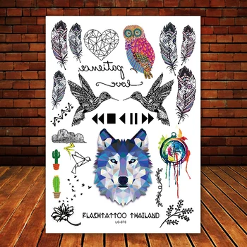 

Big Black tatuagem Taty Body Art Temporary Tattoo Stickers Gradient Colorful Wolf Owl Birds Glitter Tattoo Sticker