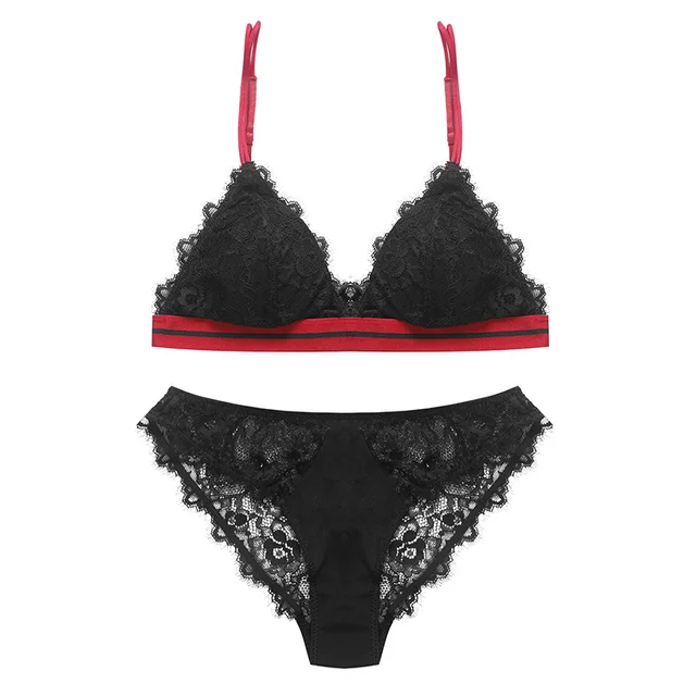 New Summer Sling Bra Set Sexy Leopard Lace Style Women Underwear Wire-Free Triangle Cup Comfortable Lingerie and T Panties Set black