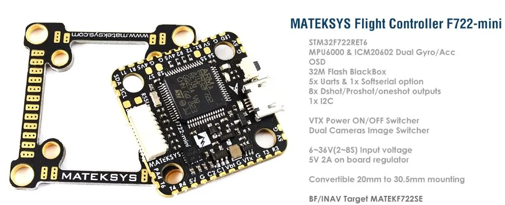 Matek Systems F722-Mini контроллера полета OSD двойной гироскопа/Acc 32 м флэш-памяти 5 V/2A BEC для небольшой гоночный Дрон с видом от первого лица Квадрокоптер аксессуары