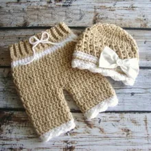 Милая вязаная крючком шляпа с бантом цвета хаки для маленьких девочек, подходящие штаны детские костюмы для новорожденных реквизит для фотосъемки из хлопка