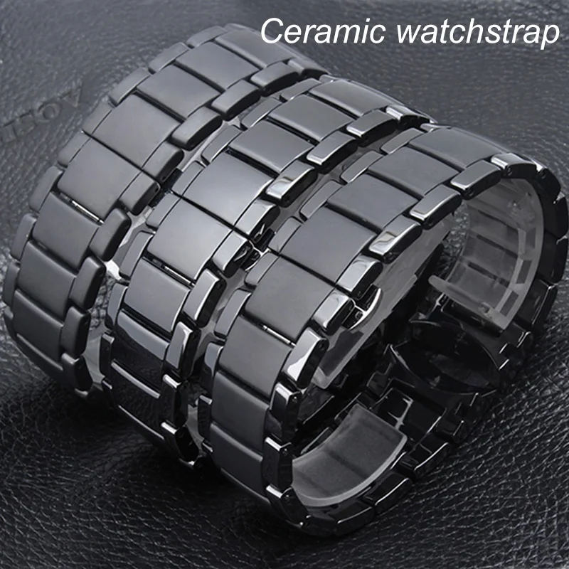 

Curved End Black Ceramic Watchband Steel Fit for AR1452 AR1451 Man's Watch Bracelet Butterfly Buckle 22mm 24mm Includes tools