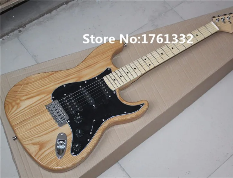 Popular Wholesale factory custom natural wood color ash body electric guitar with black pickguard,chrome hardware,can be changed