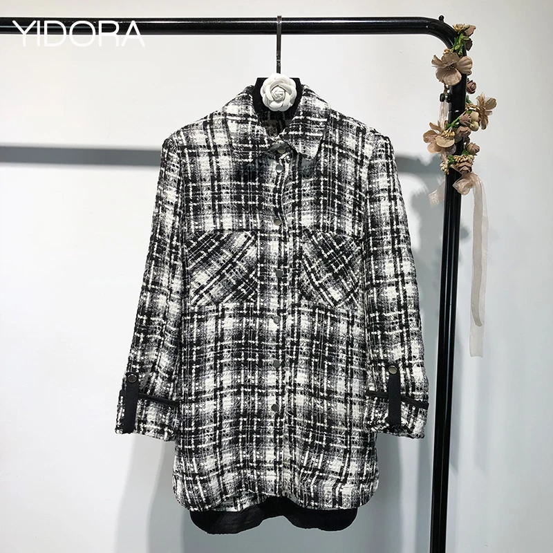 

Lapel Long Sleeves Contrast Checked Patchwork Tweed Blouse Top With Front Buttoned & Pockets - Women 2018 New Plaid Shirt Top