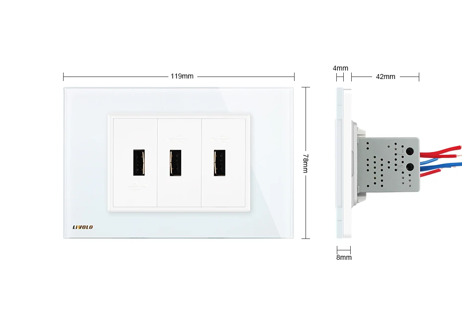 Livolo США Стандартный 3 Pin USB выхода, белый Стекло Панель 3 порта USB разъем 5V 2.1A, Мощность гнездо, VL-C93U-11