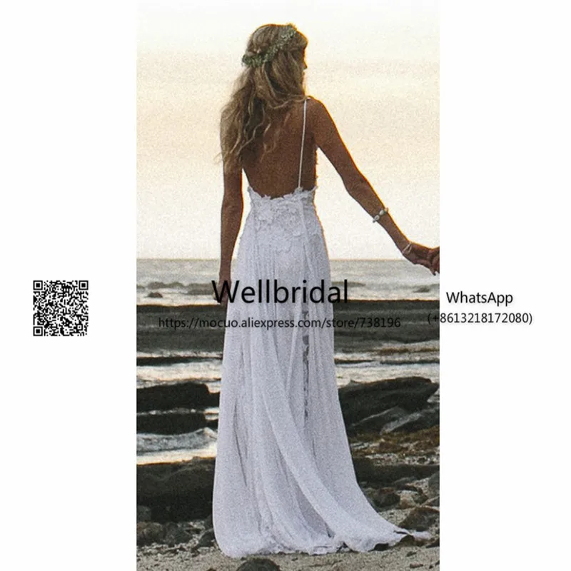 2017 Simple Spaghetti White Lace Side Slit Wedding Dresses For Beach Wedding 3