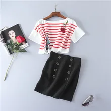 red and white stripe loose crop tops and black mini skirt sets 2 piece short sleeve blouses and double breasted skirts sets 2017