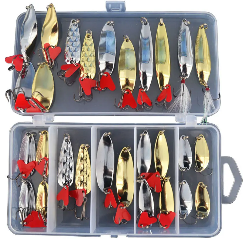 New 28pcs/Lot Assorted Spoons Golden Silver Iron Mixed Lots Fishing