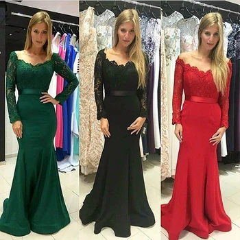 

Fashion V Neck Lace Evening Prom Gown Long Sleeve Elegant Floor Length Formal Dress for Wedding Party