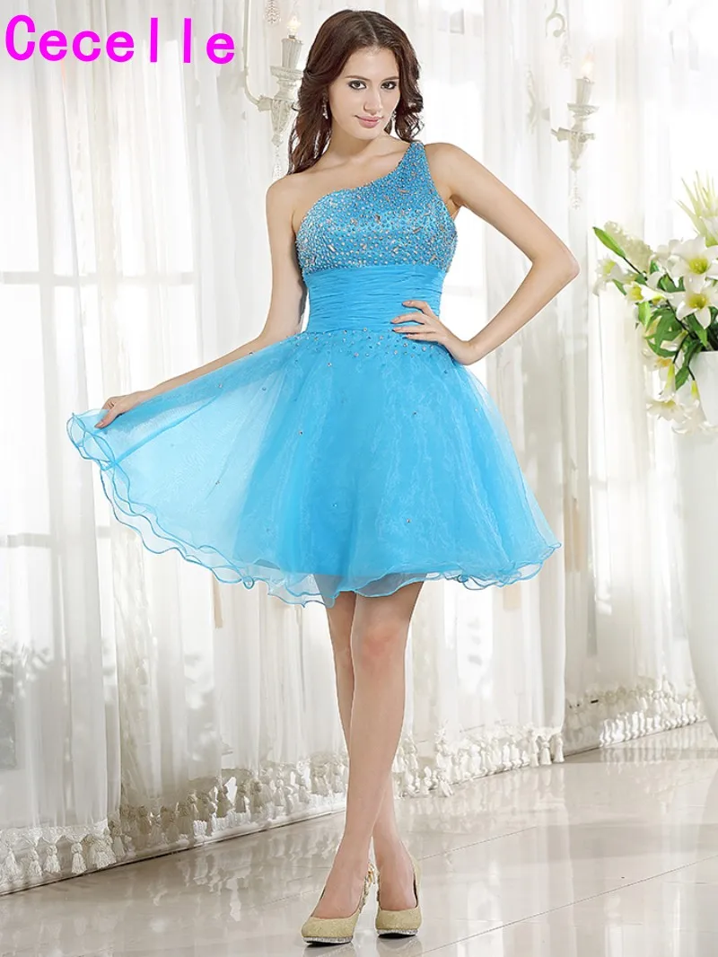 New Blue One Shoulder Short Juniors Cocktail Dresses With Straps Short