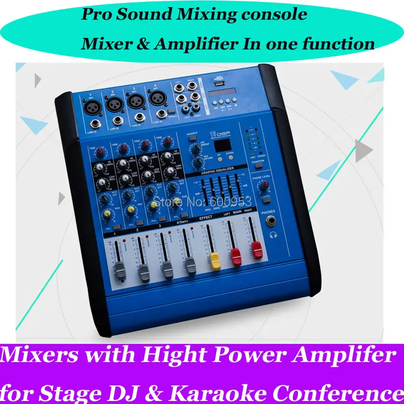 

Professional 4 Way high power mixer with amplifier effects and USB Interface New Mixing Sound Console