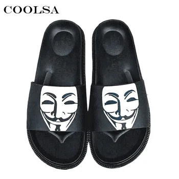 

Coolsa Summer Men Beach Sandals Cartoon Slippers Black White V Face Mask Pattern Flat Home Flip Flop Male Fashion Beach Shoes
