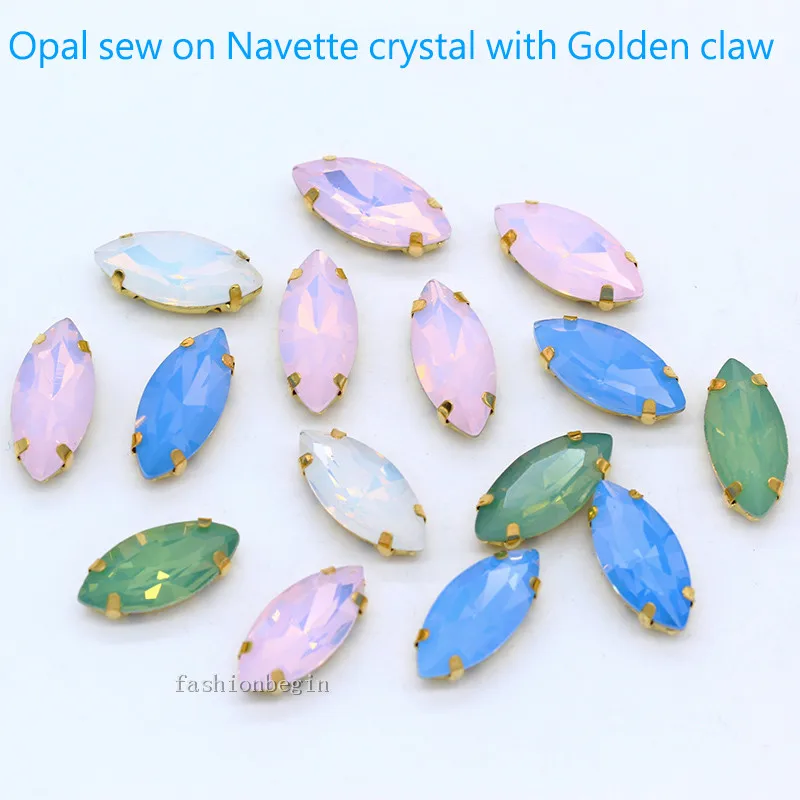 All-size Navette Opal sewing Flatback crystal glass stone sew on claw rhinestone Gold bottom Buckle Clothes jewelry making Beads