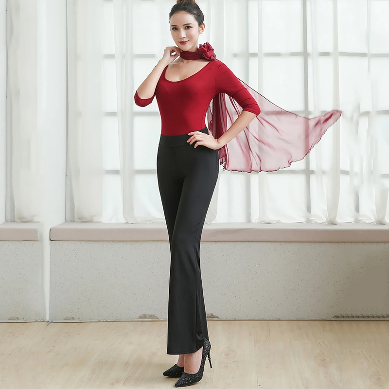

New Latin Dance Women Costume Red Elegant Fitness Tops Black Long Dance Pants For Modern Dance Chacha Latin Dance Clothes BL1856