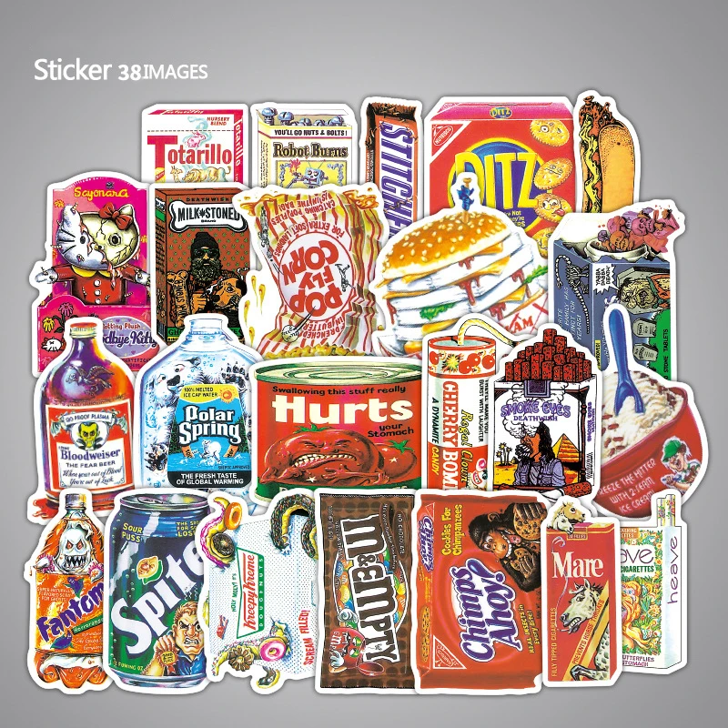 

38/37/32pcs Cartoon Snacks Burger Pizza Stickers For Suitcase Skateboard Laptop Motorcycle Toys Flash Waterproof Graffiti Decals