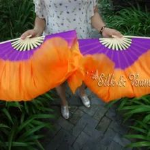 Фиолетово-оранжево-1 пара(1 шт. справа+ 1 шт. слева) 30 см бамбук+ 30 см Шелковый китайский танец Шелковый веер(флаттер), 2 слоя настоящий цветастый шелк