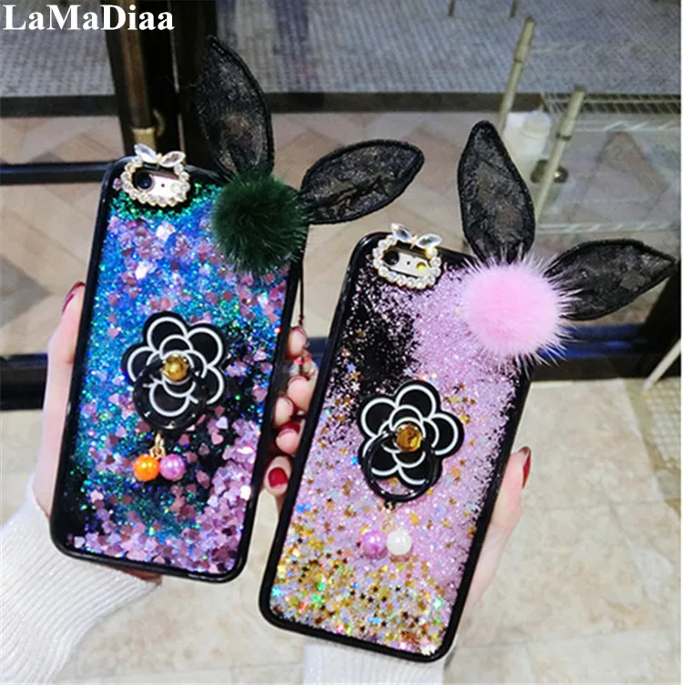 

LaMaDiaa Lovely Lace Rabbit Ears Liquid Quicksand Phone Case For iPhone X XS MAX XR 6 6s 7 8 Plus 11 Pro MAX Ring Stand Cases