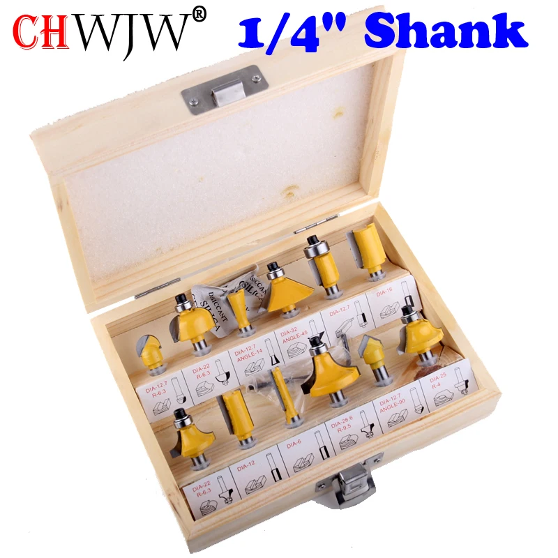 

DIY 12pcs 1/4" Router Bits Set Professional Shank Tungsten Carbide Router Bit Cutter Set With Wooden Case For Woodworking Tools