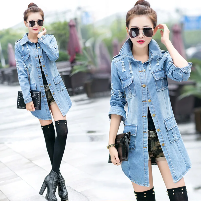 

Autumn Hole Denim Jackets Plus Size S-5XL Slim Jeans Outwear Tops Long-sleeved Cardigan Cowboy Medium length Coat Female