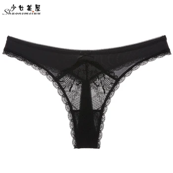 shaonvmeiwu French lace sexy transparent thong see-through T pants thin style large size black women low waist 1