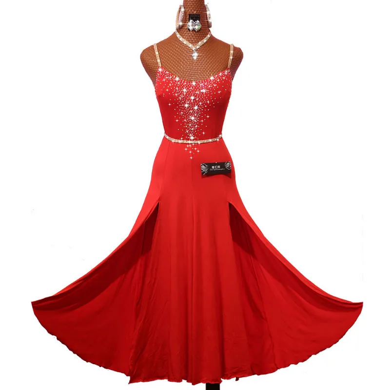 

Sparkly Rhinestones Red Latin Dance Dress with Accessories for Women Stage Performance Cha Cha Rumba Samba Practice Clothes Lady