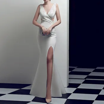 

Sexy V Neck Evening Party Dress For Women Deep V Front Slit Floor-Length Summer Dress Elegan Long Dresses Tvestidos De Verano