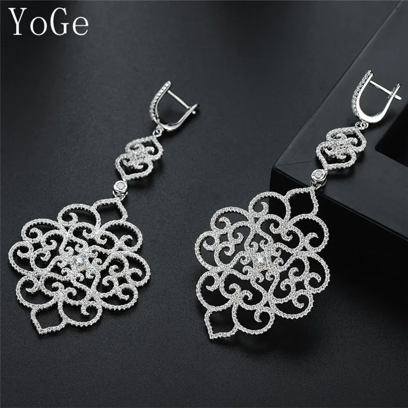 

YoGe statement jewellery, E1270 Luxury micro pave setting AAA CZ clear hollowed out long drop earrings dress patry accessaries