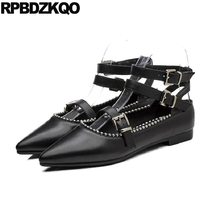 Beaded Pointed Toe Black Designer Shoes Women Luxury 2018 High Quality Ankle Strap Chinese Metal Ladies Flats Mary Jane Stud nude designer famous brand shoes high quality patent leather mary jane pointed toe flats low heel ballet ladies black ballerina