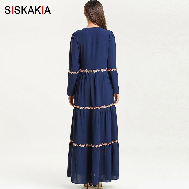 Siskakia мусульманское Рамадан длинное платье темно-синий круглый вырез платья-Макси с длинным рукавом Этническая Вышивка с драпированными оборками качели дизайн