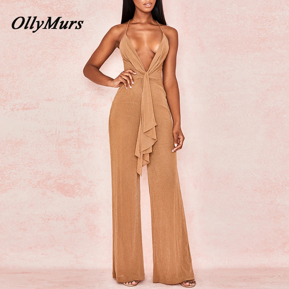 

OllyMurs 2019 New Summer Sexy Bodycon Women Jumpsuits V Neck Khaki Drape Front Jumpsuits Vestidos Chic Celebrity Party Jumpsuit