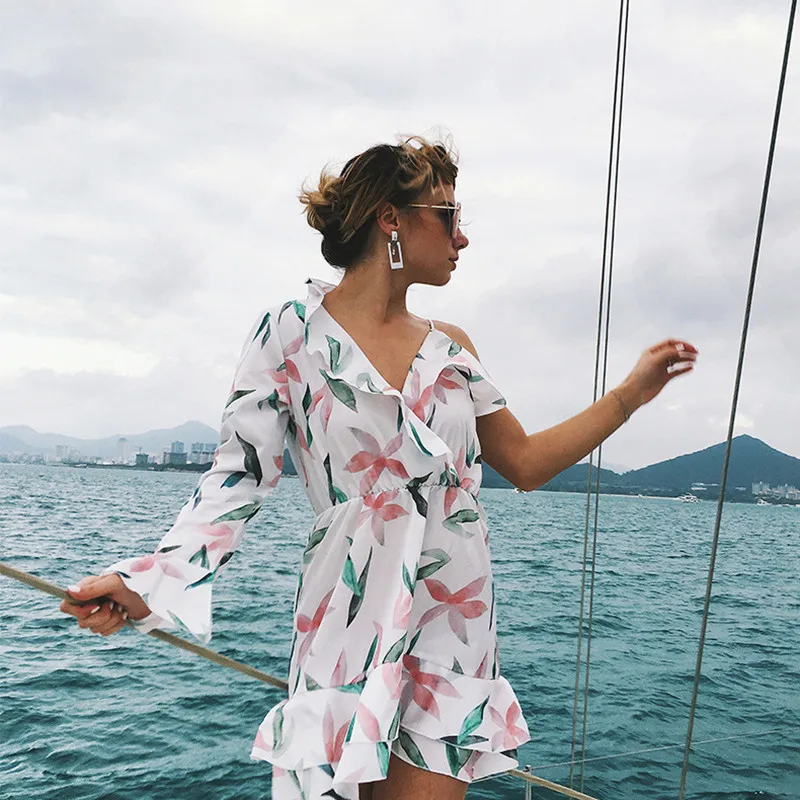 Floral Sexy Beach Dress long Sleeve Irregular Women Summer Dress Ruffles Sash Bow Tied Elegant Clothes Vestidos  5