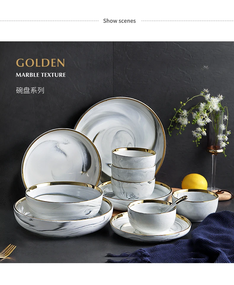 Золотая инкрустация тарелки для закуски роскошные золотые края тарелка столовая посуда керамический мрамор Пномпень PKitchen тарелка черный белый Поднос Набор