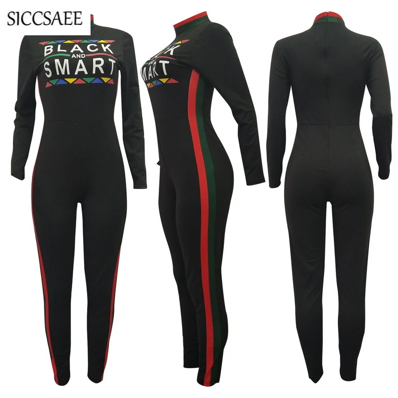 Letter Offset Print Rompers Womens Jumpsuit Long Pants Back Zip Striped Side Turtleneck Fall 2018 Bodycon Bodysuit Sexy One Pcs