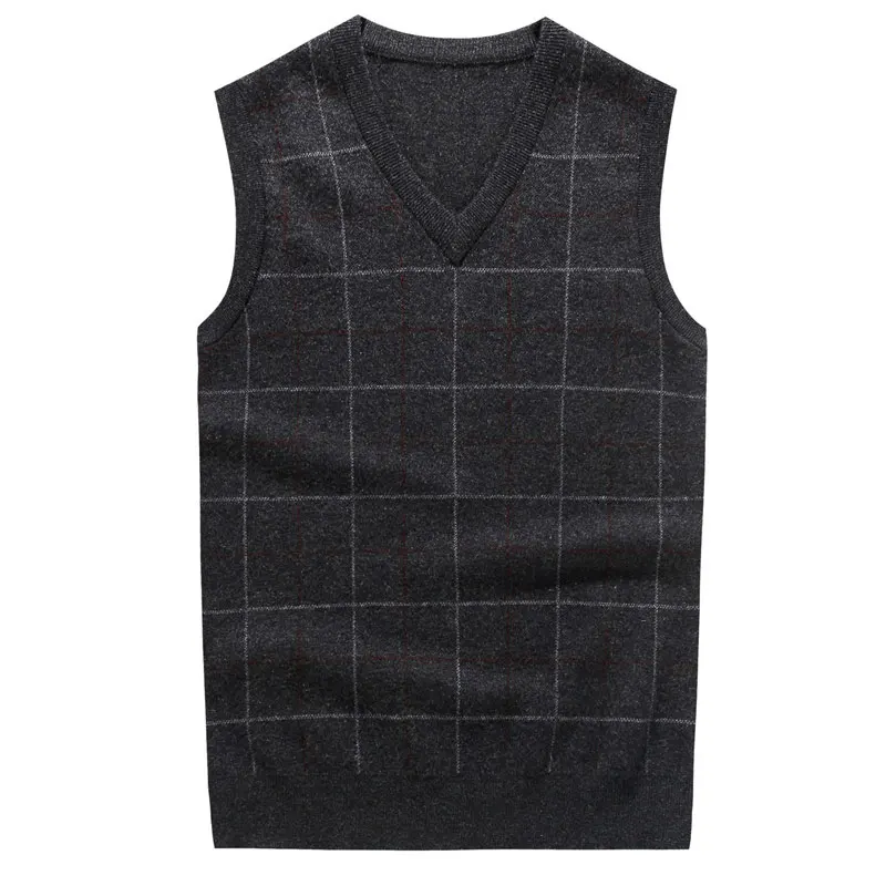 Winter Sleeveless Wool Sweater Casual Vest Men's Cashmere Pullover Large Plaid Vest Men V-Neck Sweaters Outerwear Male Vest - Color: BB8169 Dark Grey