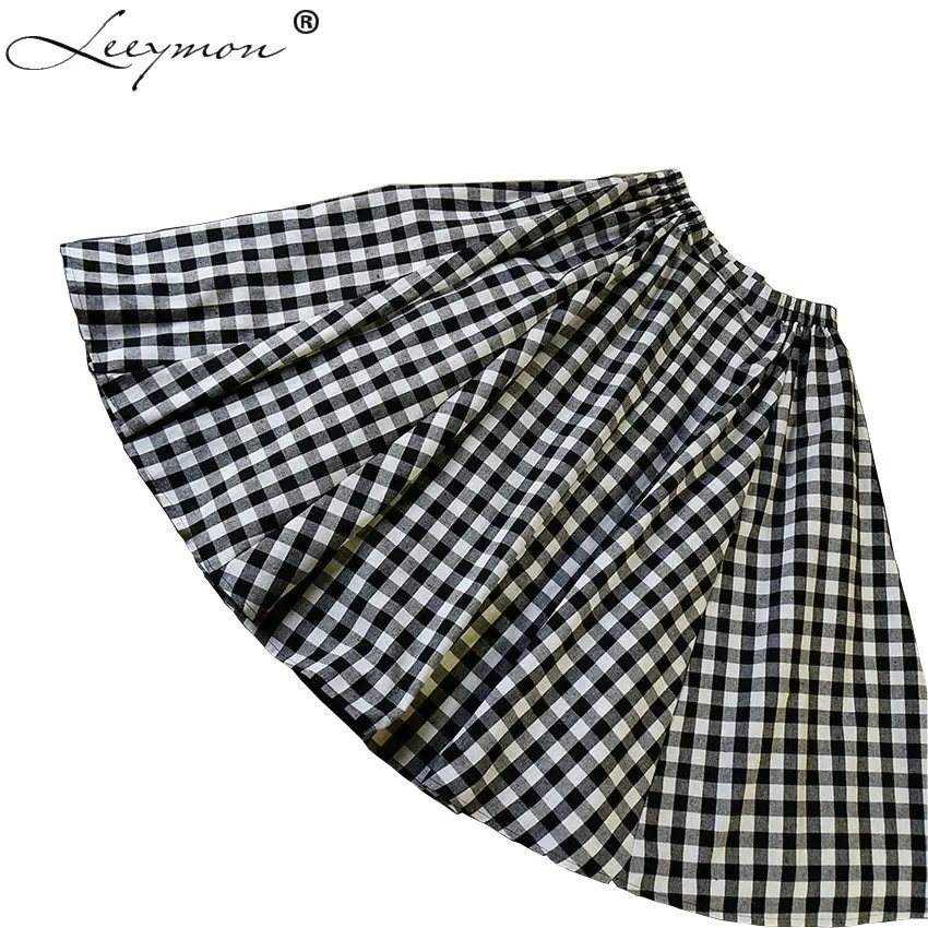 Meetstory New Black and White Plaid Skirt Elastic Waist All Match A