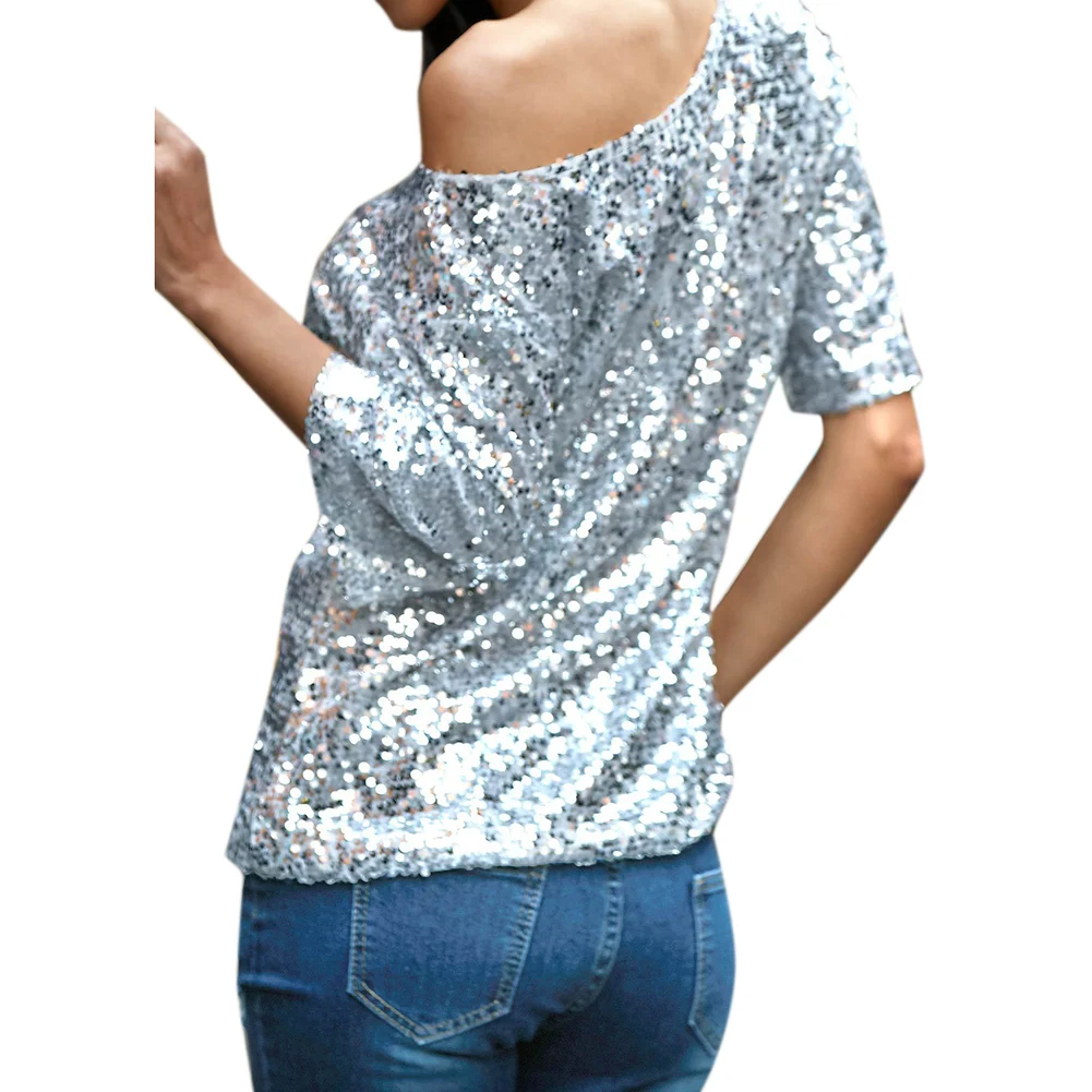 Anself Sexy Top Women Loose Off Shoulder Sequin Glitter Blouses Summer Casual Shirts Vintage Streetwear Party Tops Pink/Silver