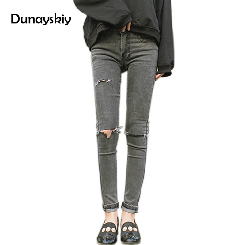 

new autumn Fashion Hole gray Women Jeans full Length skinny pencil Pants Ladies High Waist pockets denim Trousers Casual regular
