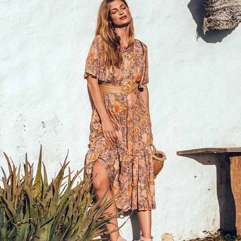 

BOHO INSPIRED blush floral print flounce sleeve boho dress V-neck drawstring waist long summer dresses gpysy casual dress female