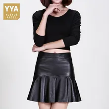 Женские кожаные юбки высокого качества, Дизайнерские юбки из овчины на молнии, черные юбки с запахом размера плюс, офисные женские тренировочные плиссированные мини-юбки