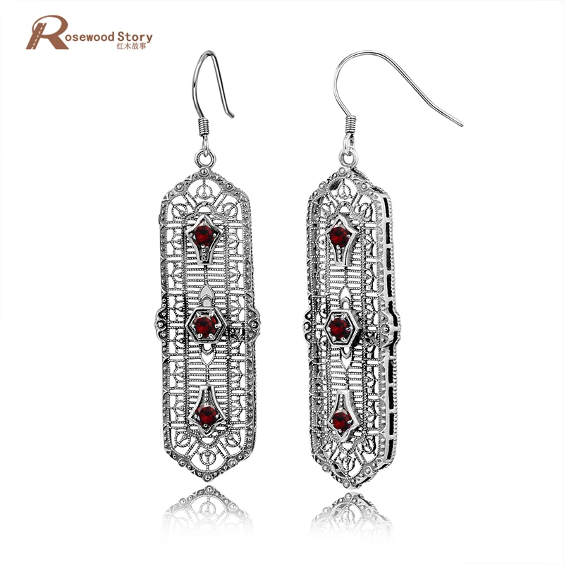 

Elegant Hollow Out Drop Earrings Red CZ Stone Crystal Dangle Earrings Vintage Crystal 925 Sterling Silver Jewelry with Gift Box