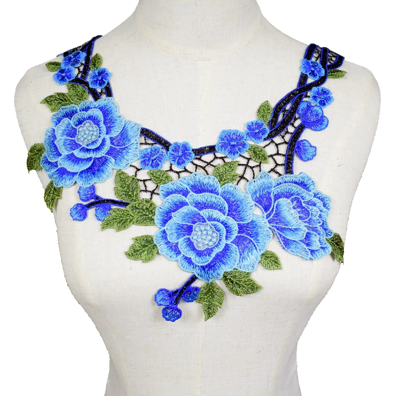 

Embroidery Blue Flower Lace Neckline Fabric DIY Lace Collar Sewing Craft Neckline Decoration