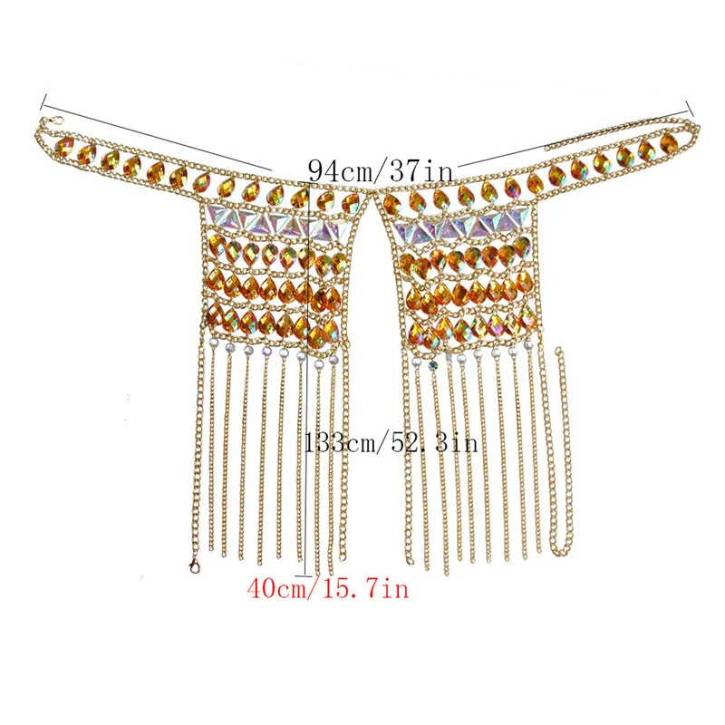 New Top Design Shinny Rhinestones Tank Tops Gold Metal Chain Tassel Tops Rave Festival Adjustable Backless Sexy Tops For Women