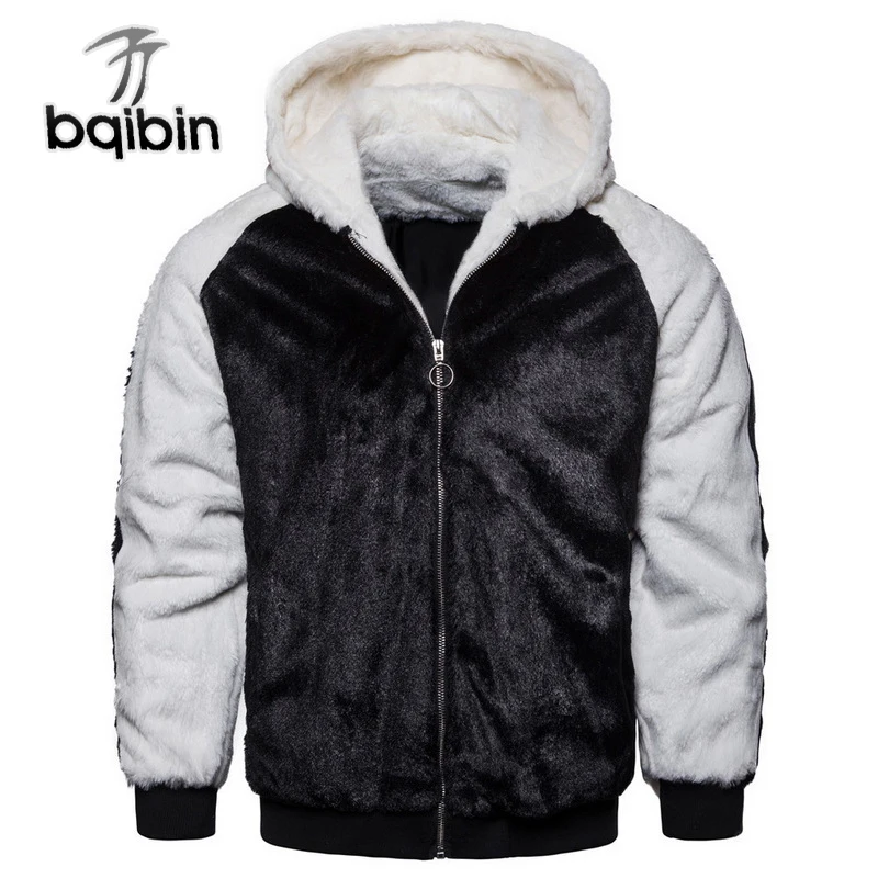 

Drop Shipping Autumn Winter Patchwork Hooded Zipper Coat Men'S Jackets Casual Black White Faux Fur Male Jackets Chaqueta Hombre
